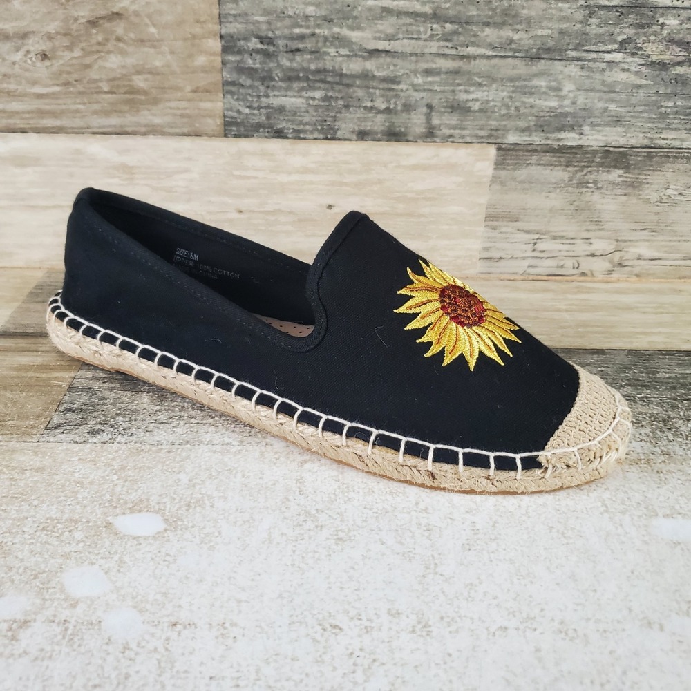 Walk With Me by Coldwater Creek Sunflower Womens Sz 8 M Black Espadrille Slip-On